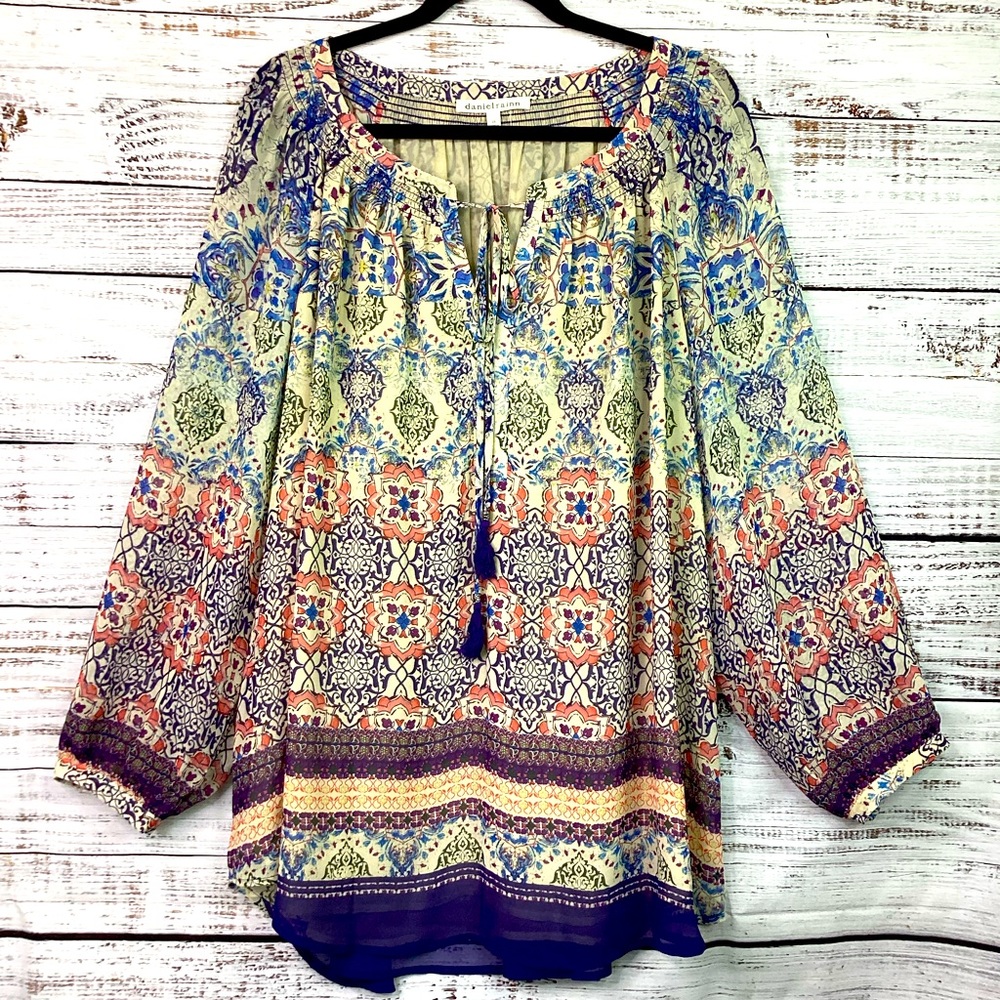 DANIEL RAINN PLUS SIZE 2X TOP BLUE BOHO SUMMER TASSELS BLOUSE EUC
